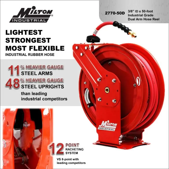 2770-50D - Milton® Industrial Auto-Retracting Hose Reel 3/8" NPT, 50' Hybrid Rubber Hose, 300 PSI