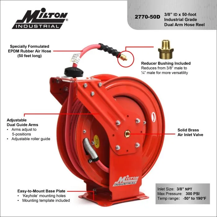 2770-50D - Milton® Industrial Auto-Retracting Hose Reel 3/8" NPT, 50' Hybrid Rubber Hose, 300 PSI