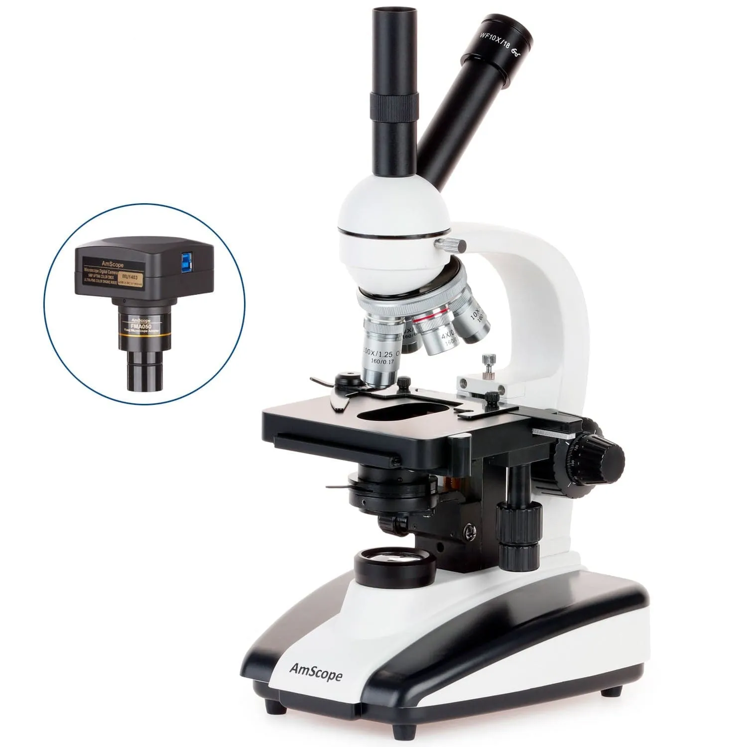 AmScope D130 Series Dual-View Monocular Compound Microscope with 20W Halogen Light, 3D Mechanical Stage and Optional Digital Camera