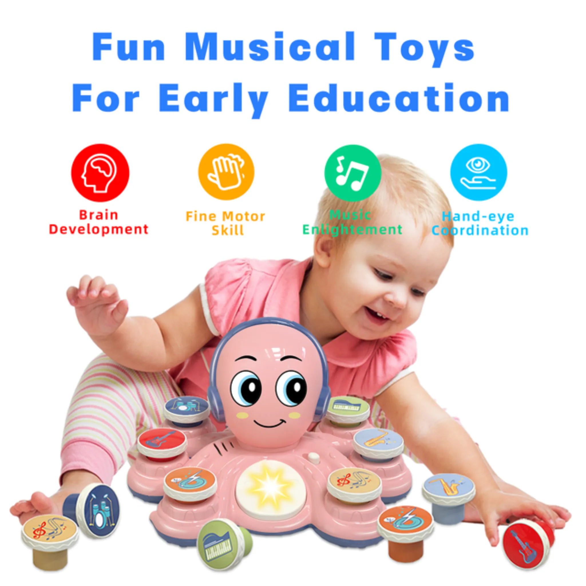 Contixo Baby Piano Toy - Octopus Musical Toy with 6 Keyboards, Ages 6-24 Months, Pink