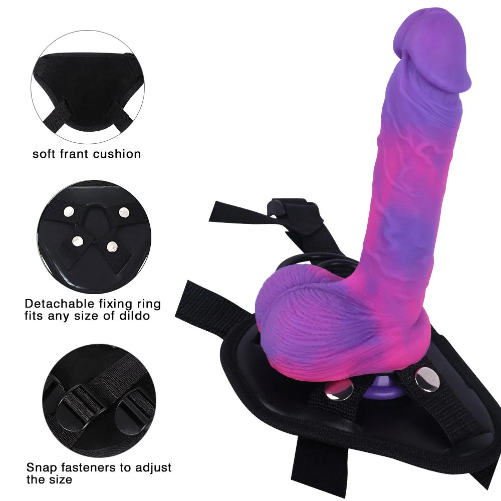 F496 Adjustable Strap-On Harness Kit with 8.1-inch Multicolored Liquid Silicone Dildo